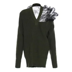 Knitting Sweater For Women V Neck Long Sleeve Solid Patchwork Mesh Autumn Sweaters Female Fashion Clothing
