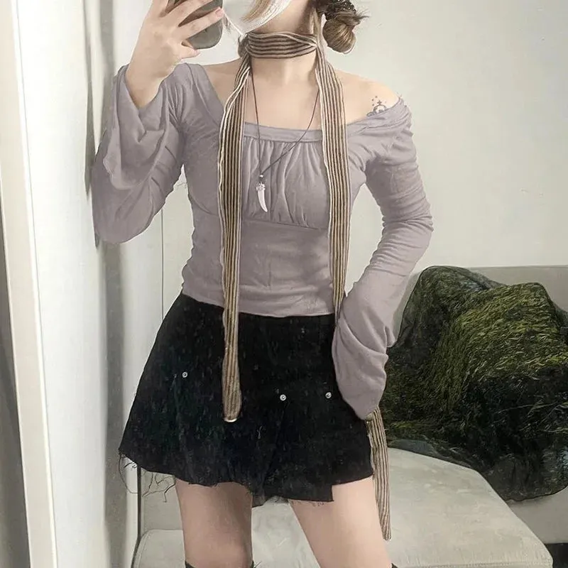 Korean Fashion Autumn T-shirts for Women Folds Flare Sleeve Cropped Top Solid Japanese Y2K Tee Shirts Sweats Clothing