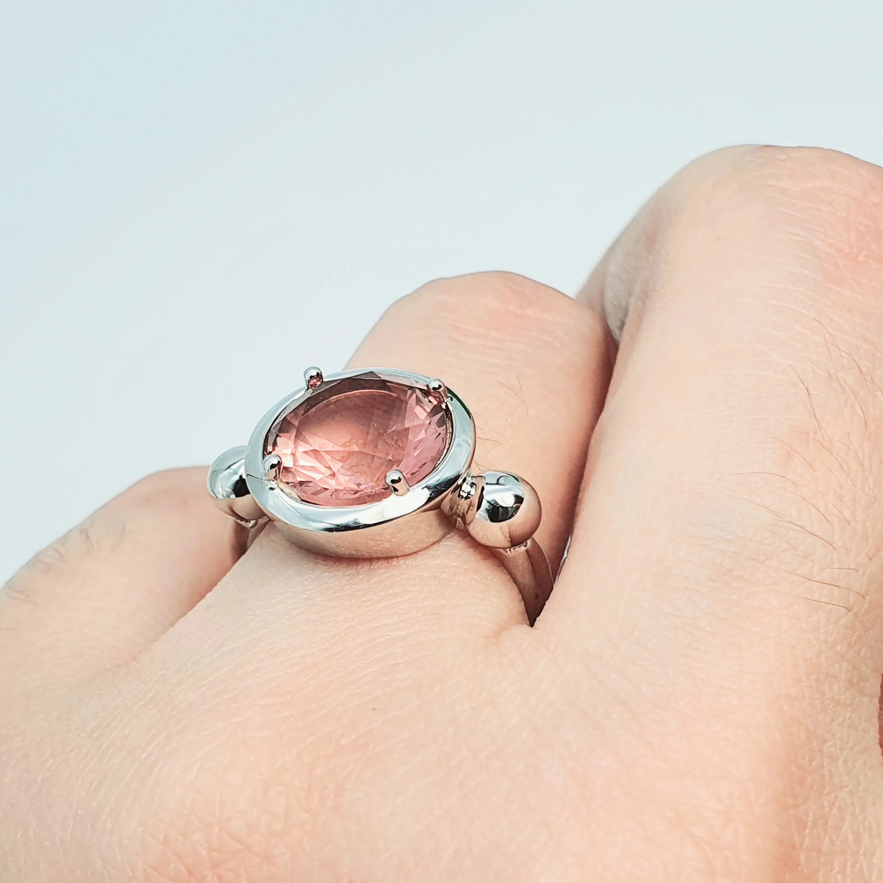Large Round Pink Quartz Ring, Sterling Silver