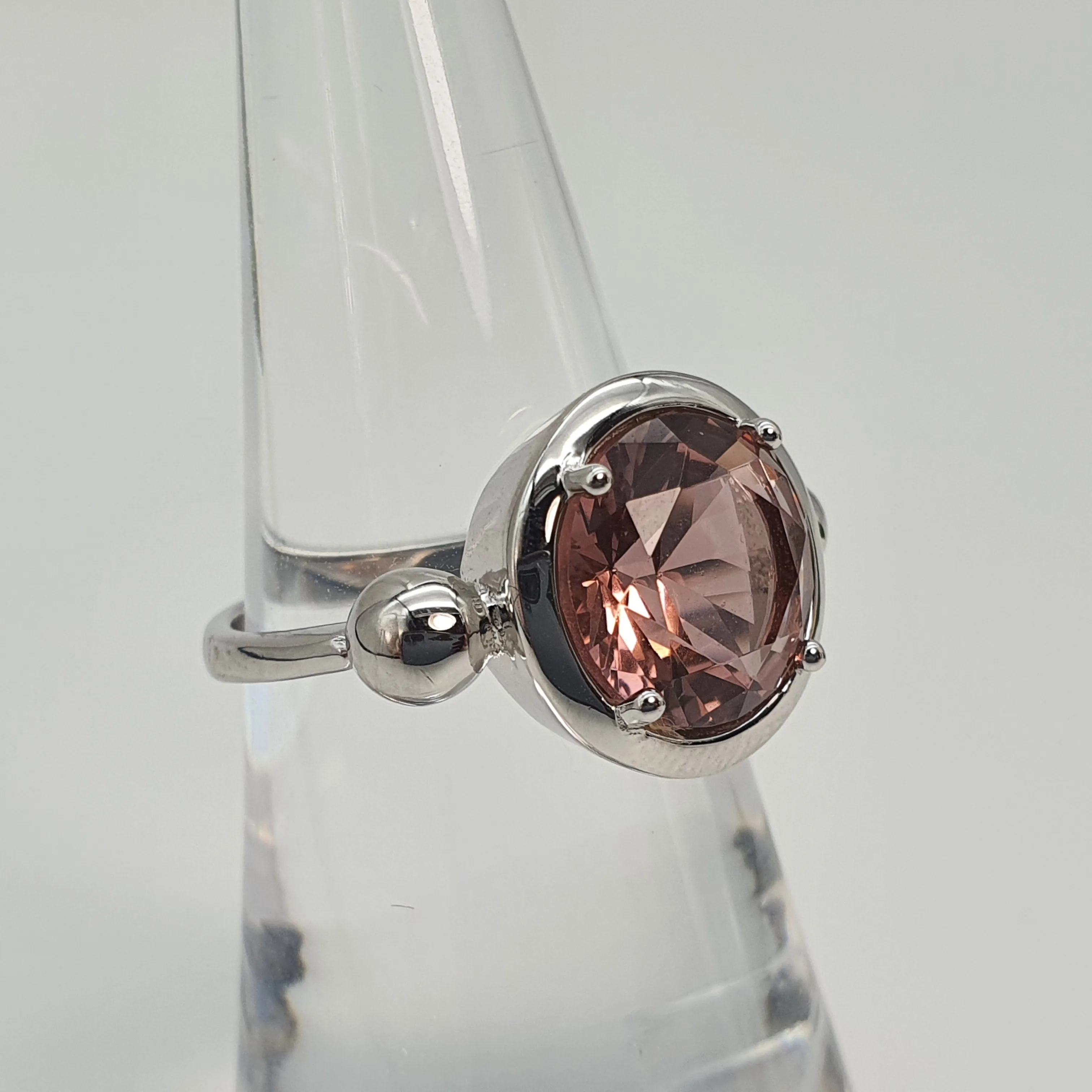 Large Round Pink Quartz Ring, Sterling Silver
