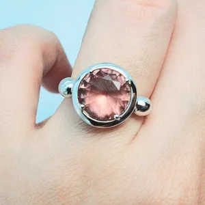 Large Round Pink Quartz Ring, Sterling Silver