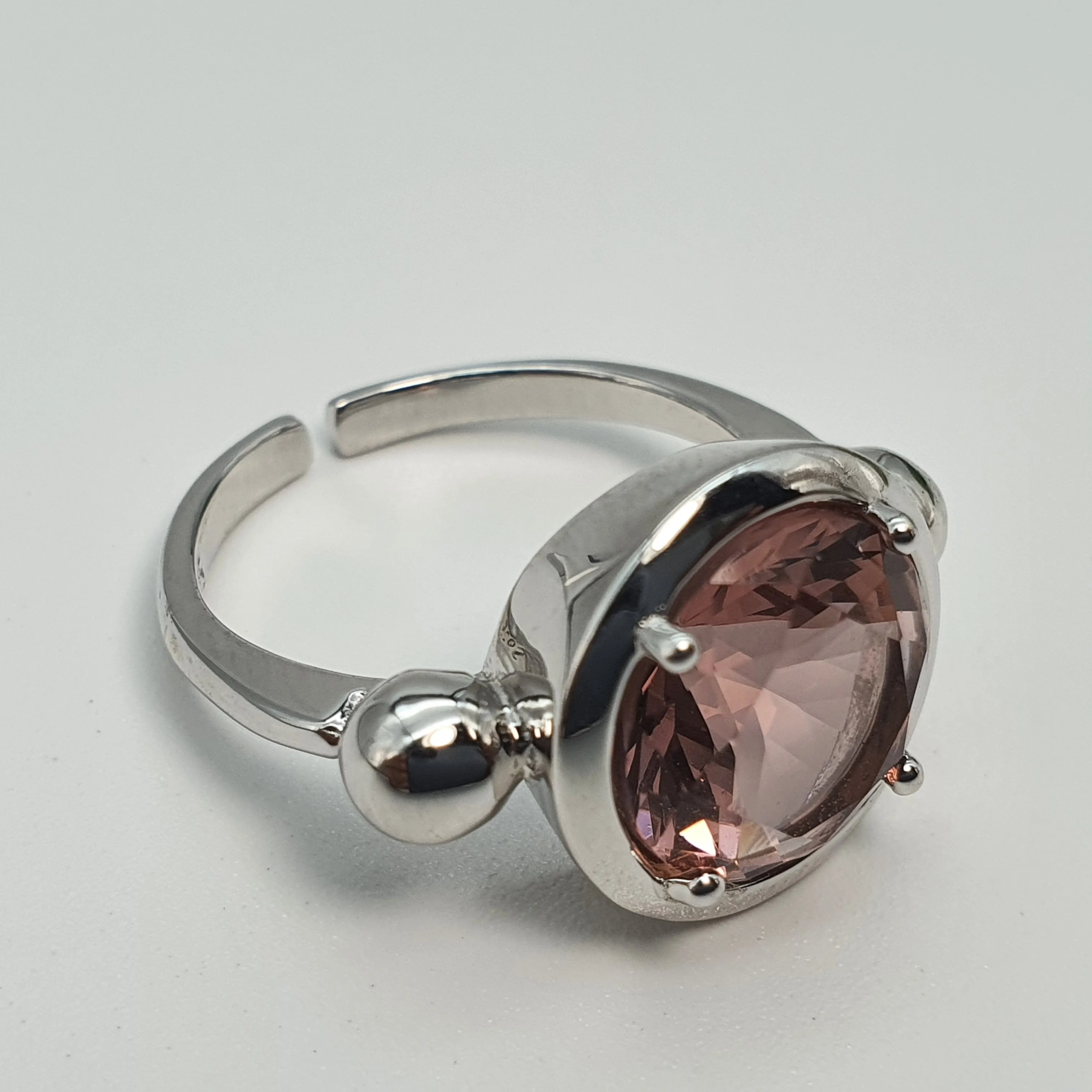 Large Round Pink Quartz Ring, Sterling Silver