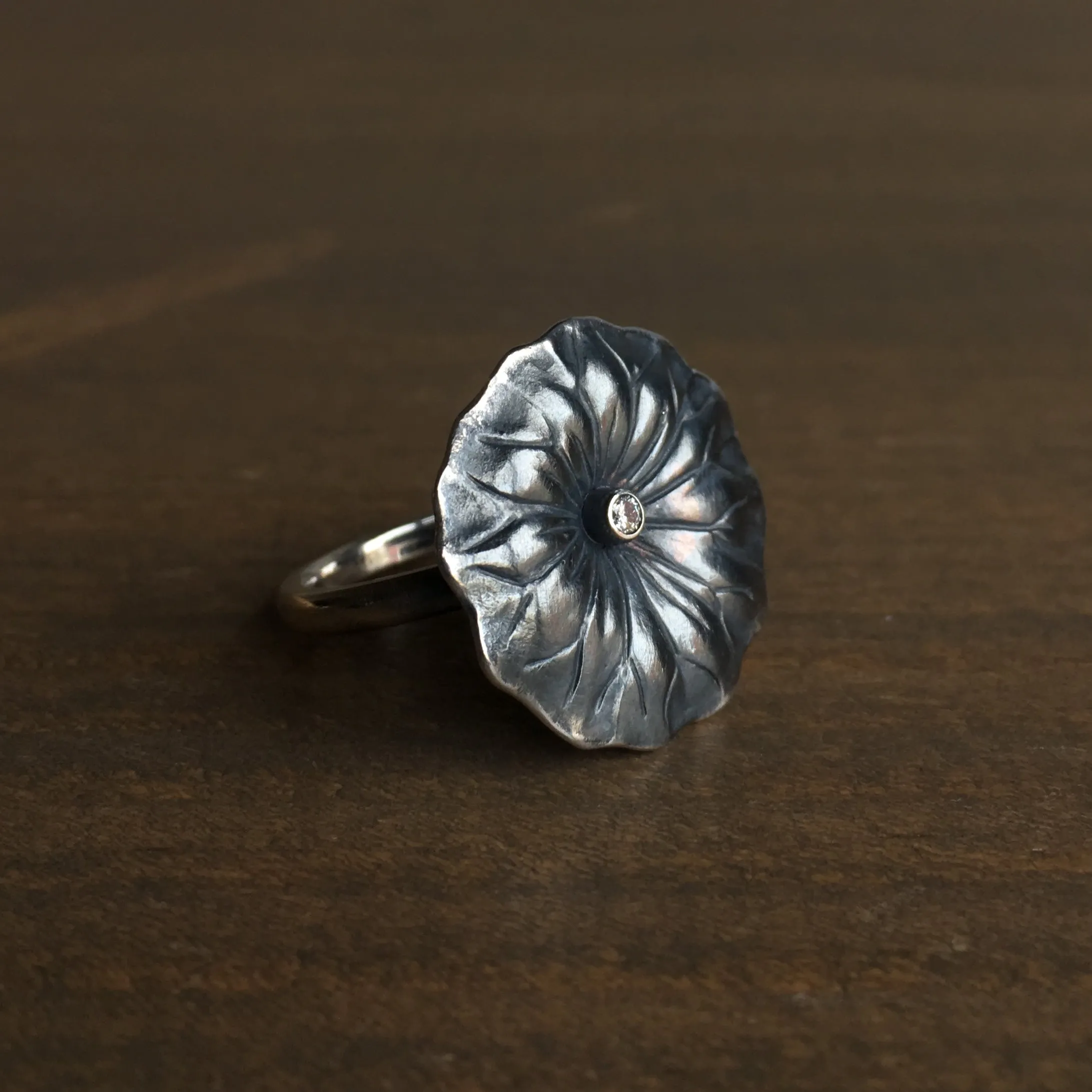 Large Silver Lotus Ring with Diamond