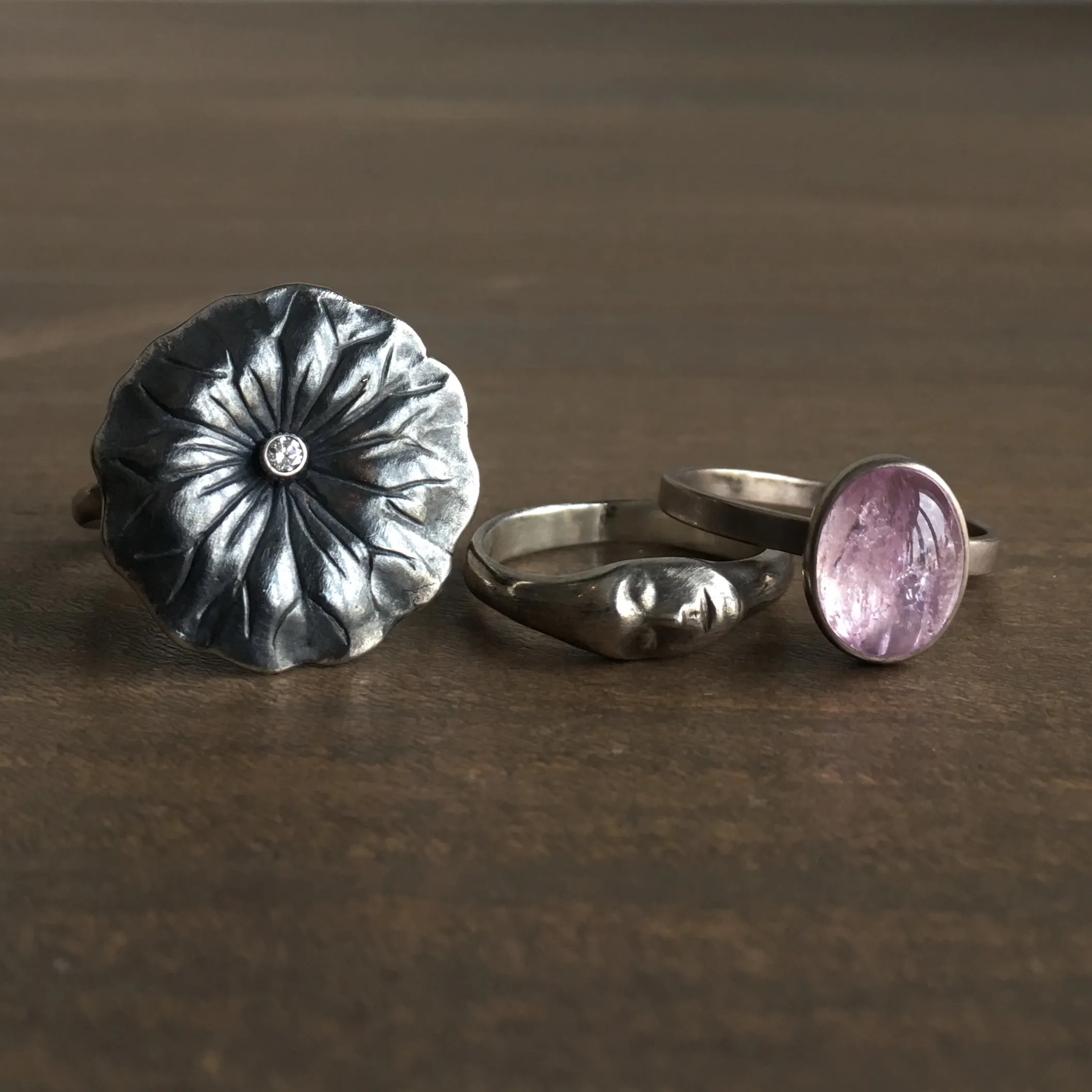 Large Silver Lotus Ring with Diamond