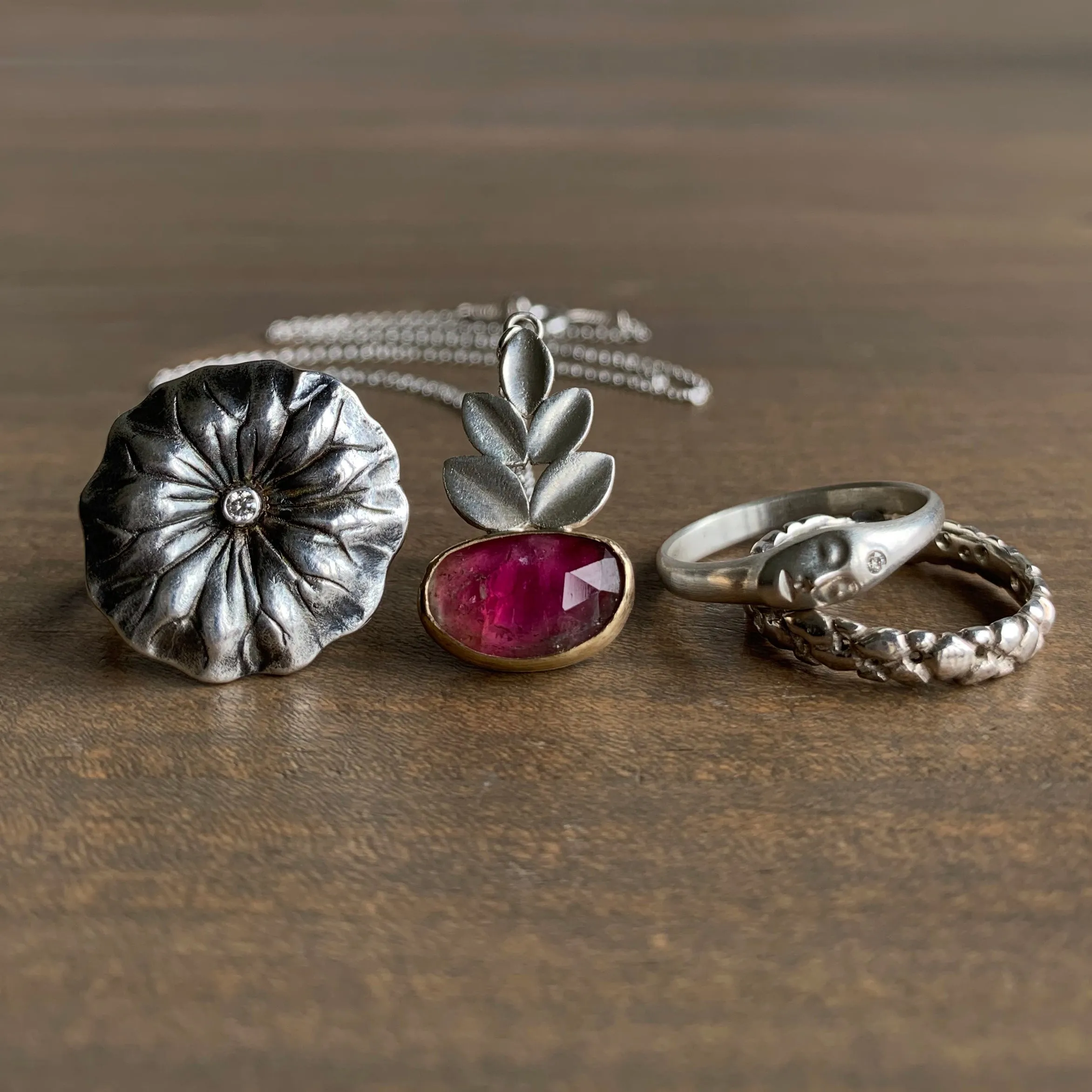 Large Silver Lotus Ring with Diamond