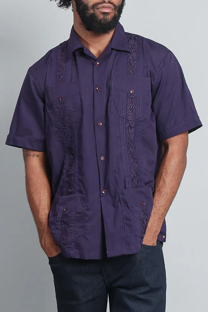 Men's Short Sleeve Cuban Style Guayabera Shirt (Dark Purple)