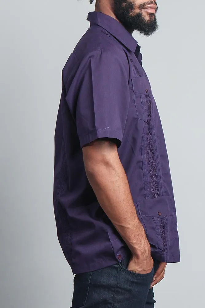 Men's Short Sleeve Cuban Style Guayabera Shirt (Dark Purple)