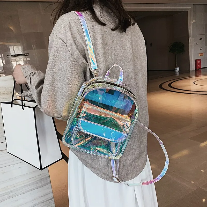 Mini Travel Bags Silver Laser Backpack Women Girls Shoulder Bag PU Leather Holographic Backpack School Bags for Teenage Girls