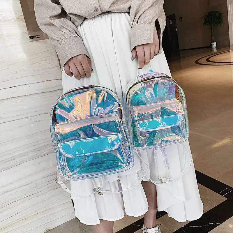 Mini Travel Bags Silver Laser Backpack Women Girls Shoulder Bag PU Leather Holographic Backpack School Bags for Teenage Girls