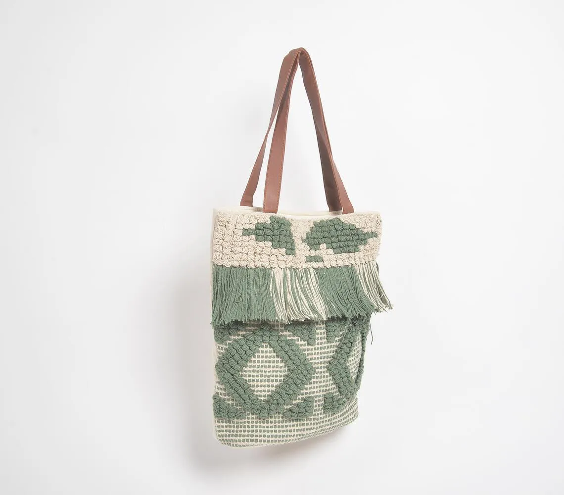 Olive Deco Tufted & Tasseled Tote Bag