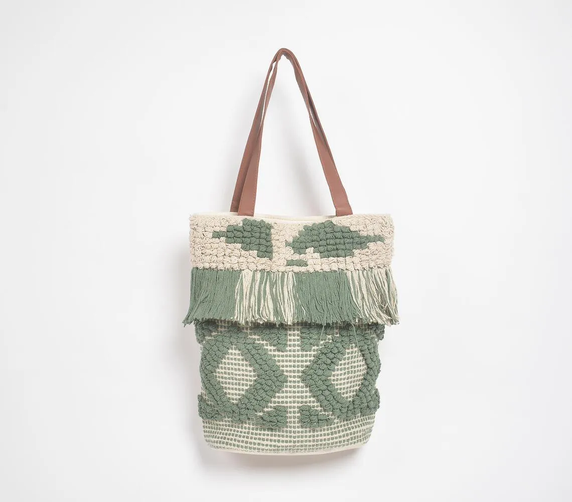 Olive Deco Tufted & Tasseled Tote Bag