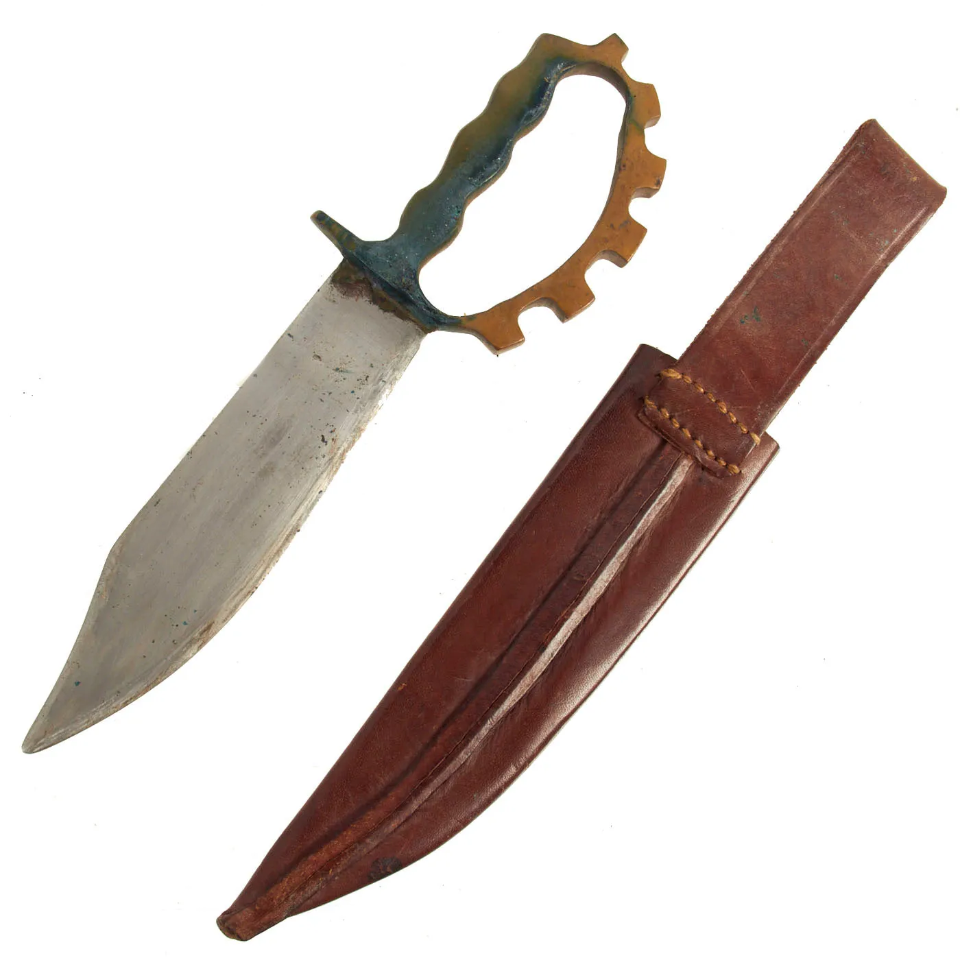 Original Australian WWII Large Cog Guard Knuckle Bowie Style Fighting Knife With Leather Scabbard