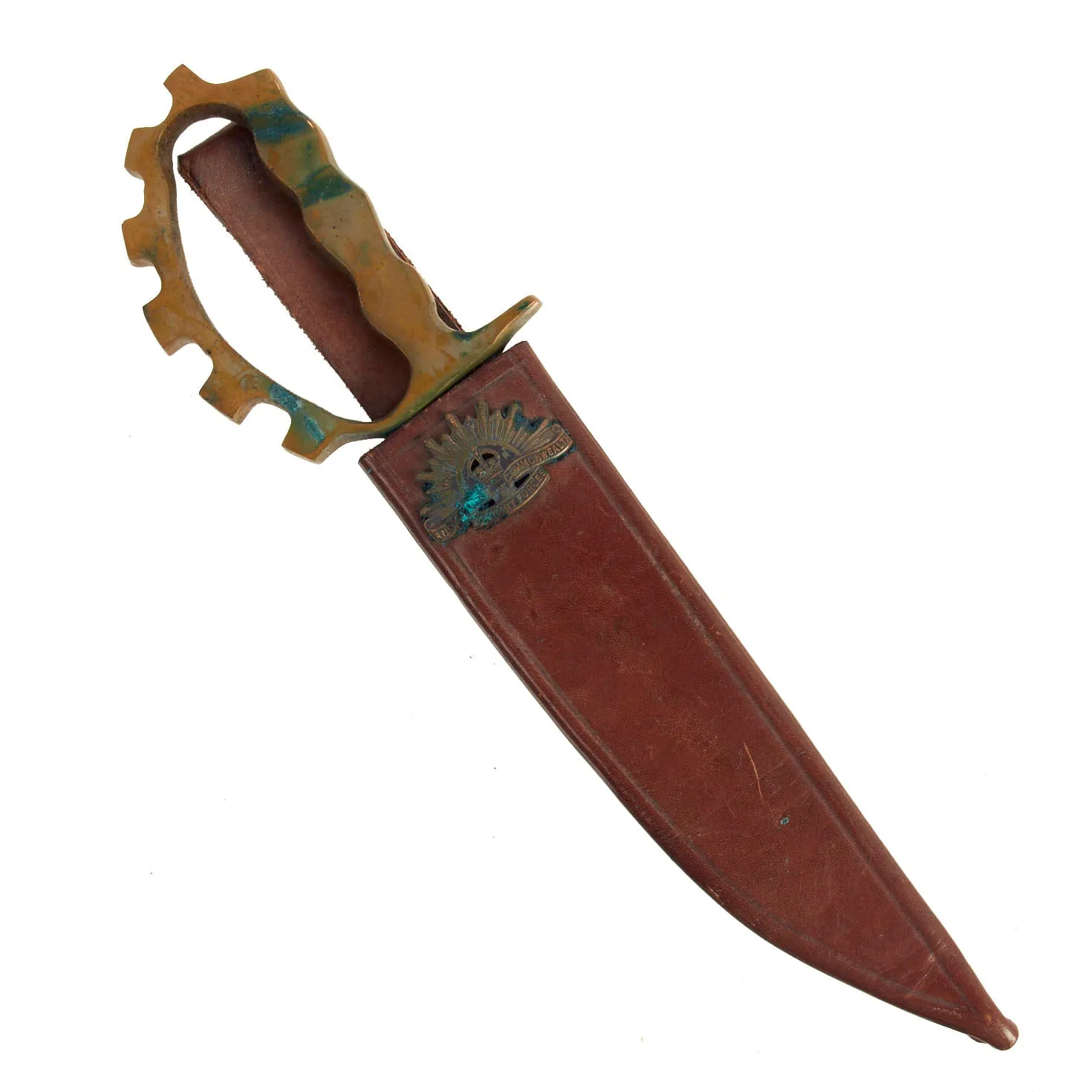 Original Australian WWII Large Cog Guard Knuckle Bowie Style Fighting Knife With Leather Scabbard