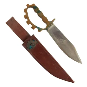 Original Australian WWII Large Cog Guard Knuckle Bowie Style Fighting Knife With Leather Scabbard