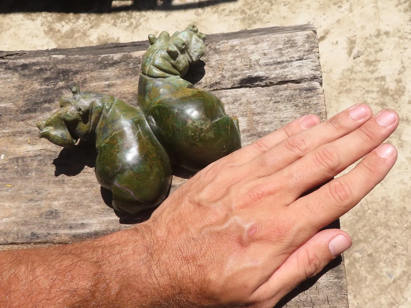 Polished Green Verdite Twin Hippo Carvings  x 2 From Zimbabwe