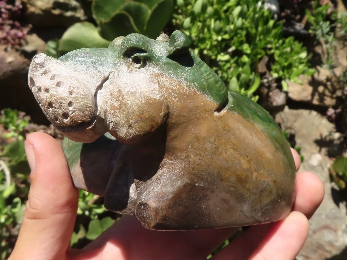 Polished Green Verdite Twin Hippo Carvings  x 2 From Zimbabwe