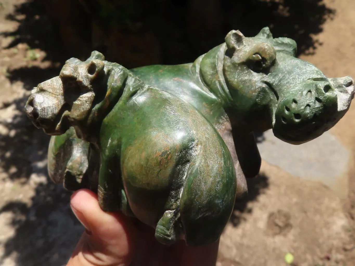 Polished Green Verdite Twin Hippo Carvings  x 2 From Zimbabwe