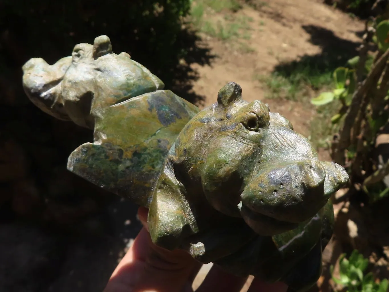 Polished Green Verdite Twin Hippo Carvings  x 2 From Zimbabwe