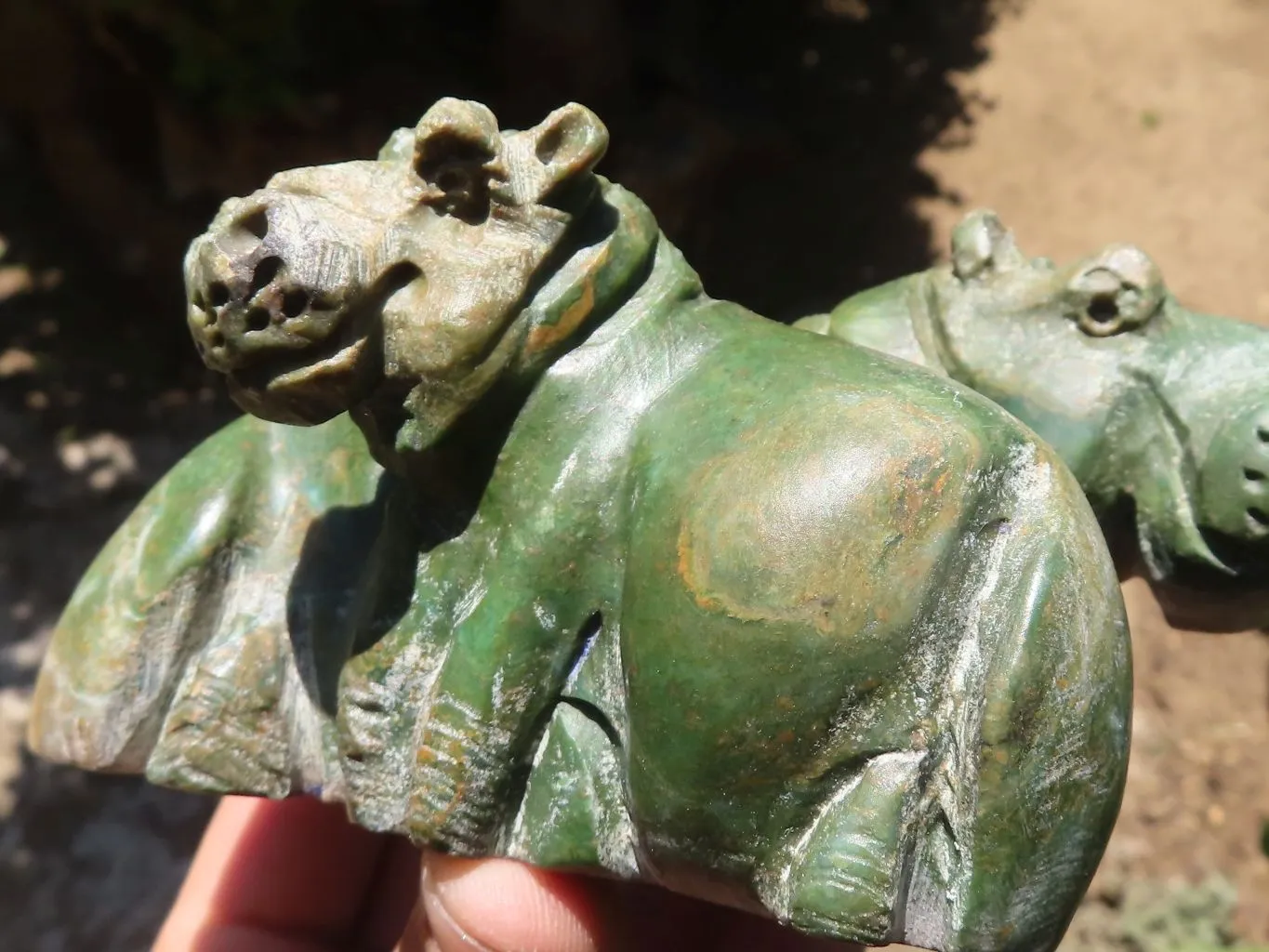 Polished Green Verdite Twin Hippo Carvings  x 2 From Zimbabwe