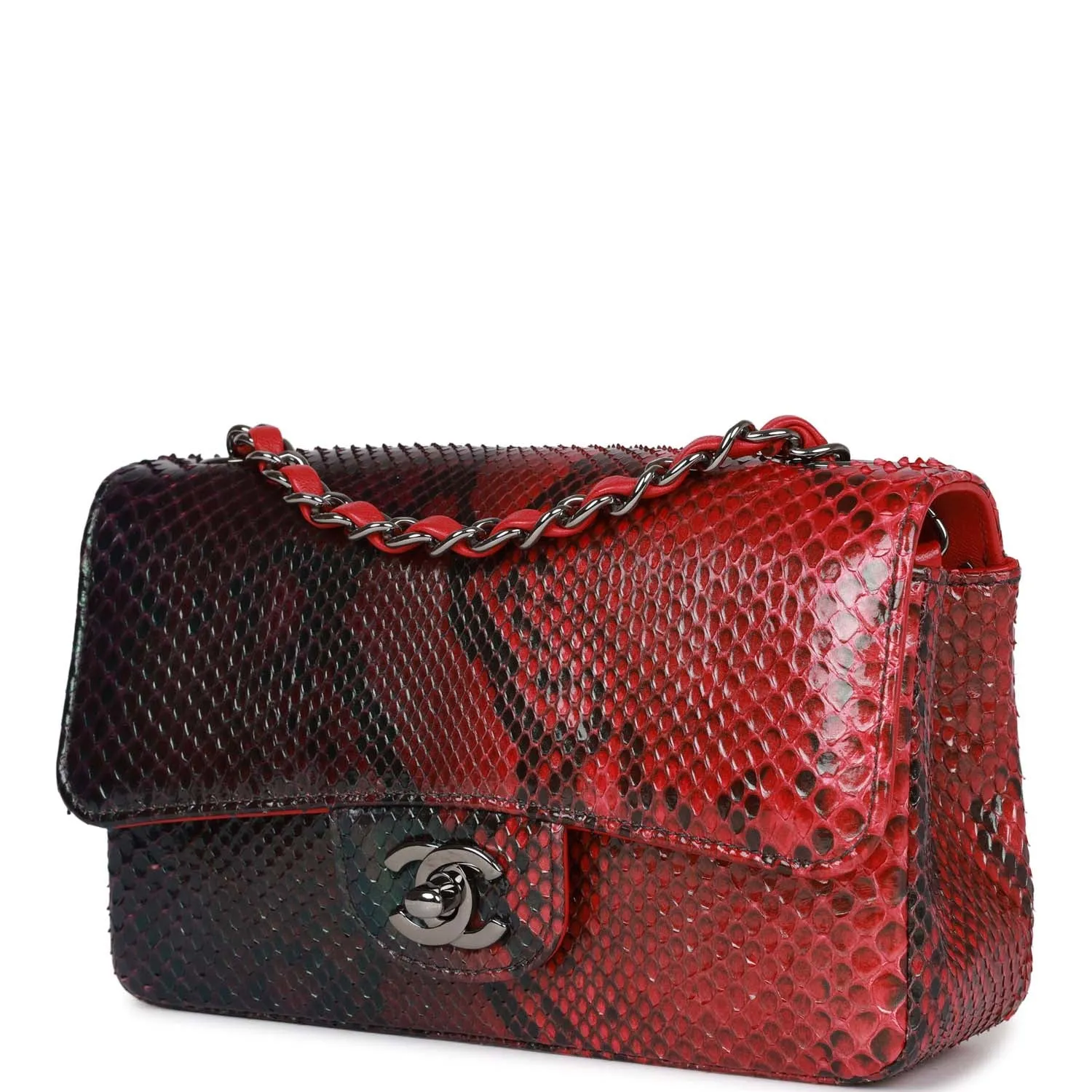 Pre-owned Chanel Mini Rectangular Flap Bag Red and Black Python Ruthenium Hardware