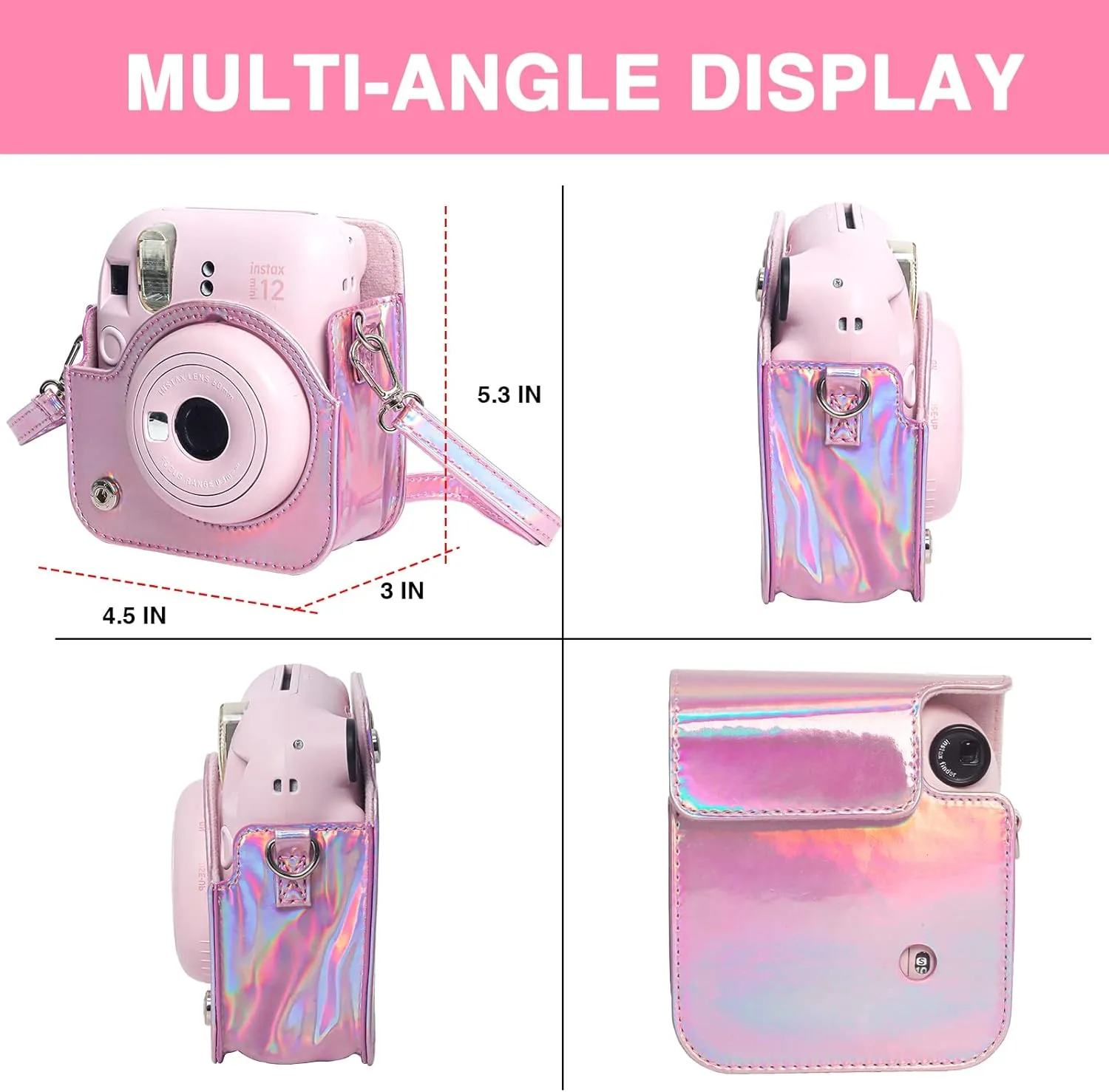 Protective Camera Case for Fujifilm Instax Mini 12 Instant Camera |PU Leather Camera Cover with Adjustable Shoulder Strap - iridescent pink