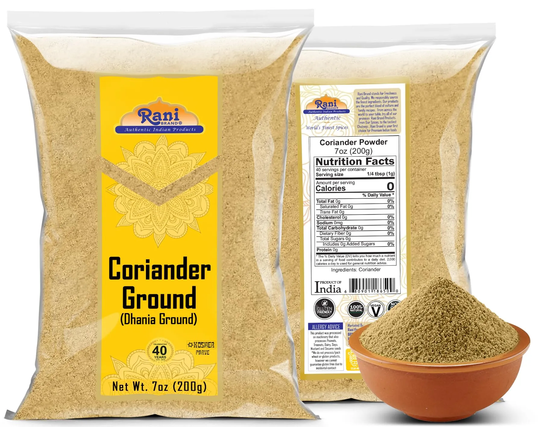 Rani Coriander Ground Powder (Indian Dhania) Spice, 7oz (200g) ~ All Natural, Salt-Free | Vegan | No Colors | Gluten Friendly | NON-GMO | Kosher
