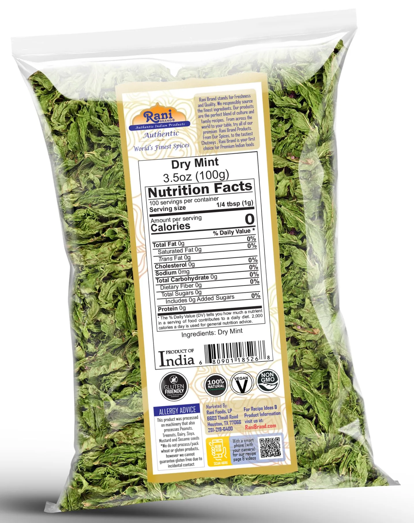 Rani Dry Mint Leaves (Podina Leaf) Spice, Dried Herb 3.5oz (100g) ~ All Natural | Gluten Friendly | NON-GMO | Kosher | Vegan | Indian Origin