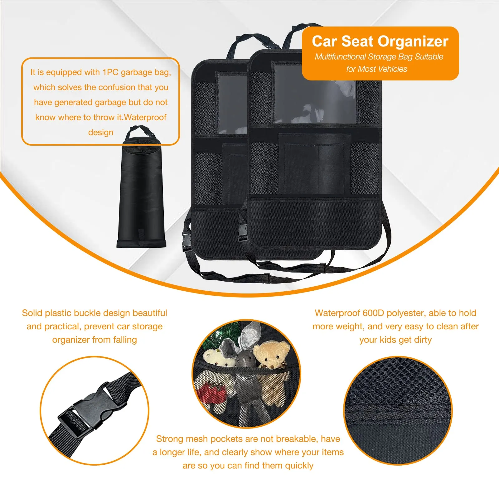 SETTECH Car Organizer Backseat,2PCS Durable Car Storage Organizer and Hanging Detachable Car Trash Bags. Car storage 9 Pockets Car Seat Travel Bag,Travel Car Seat,Car Accessories Interior for kids