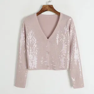 Solid Knitting Sweaters For Women Round Neck Long Sleeve Patchwork Sequins Autumn Sweater Female Fashion Clothing