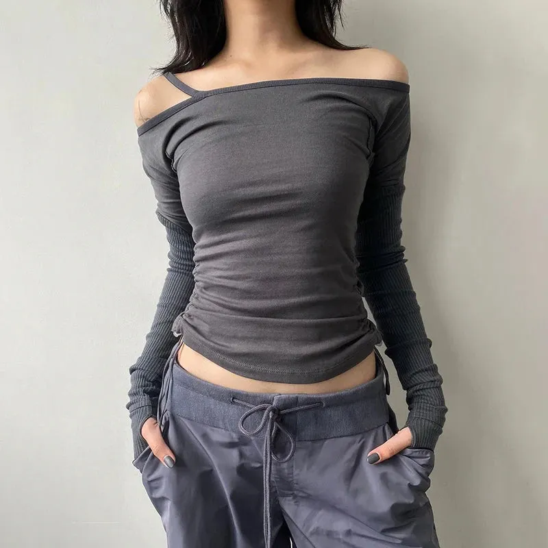 Streetwear Skinny Drawstring Autumn T-shirts Female Casual Patchwork Off Shoulder Top Long Sleeve Retro Tee Pullover