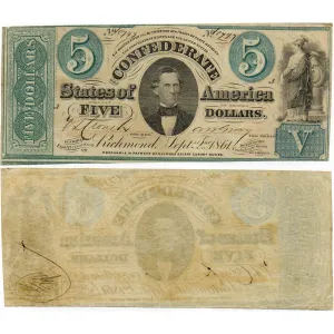 T-33 Sep. 2 1861 $5 Confederate States of America (C.S.A.) - Apparent Very Fine