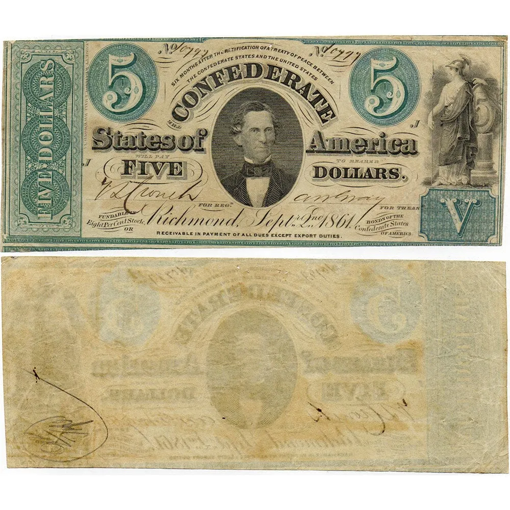 T-33 Sep. 2 1861 $5 Confederate States of America (C.S.A.) - Apparent Very Fine
