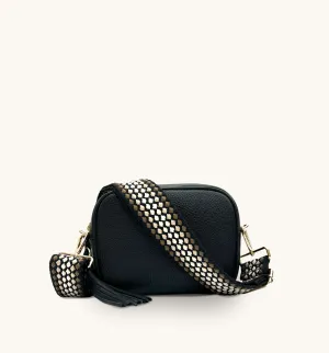 The Tassel Black Leather Crossbody Bag With Cappuccino Dots Strap