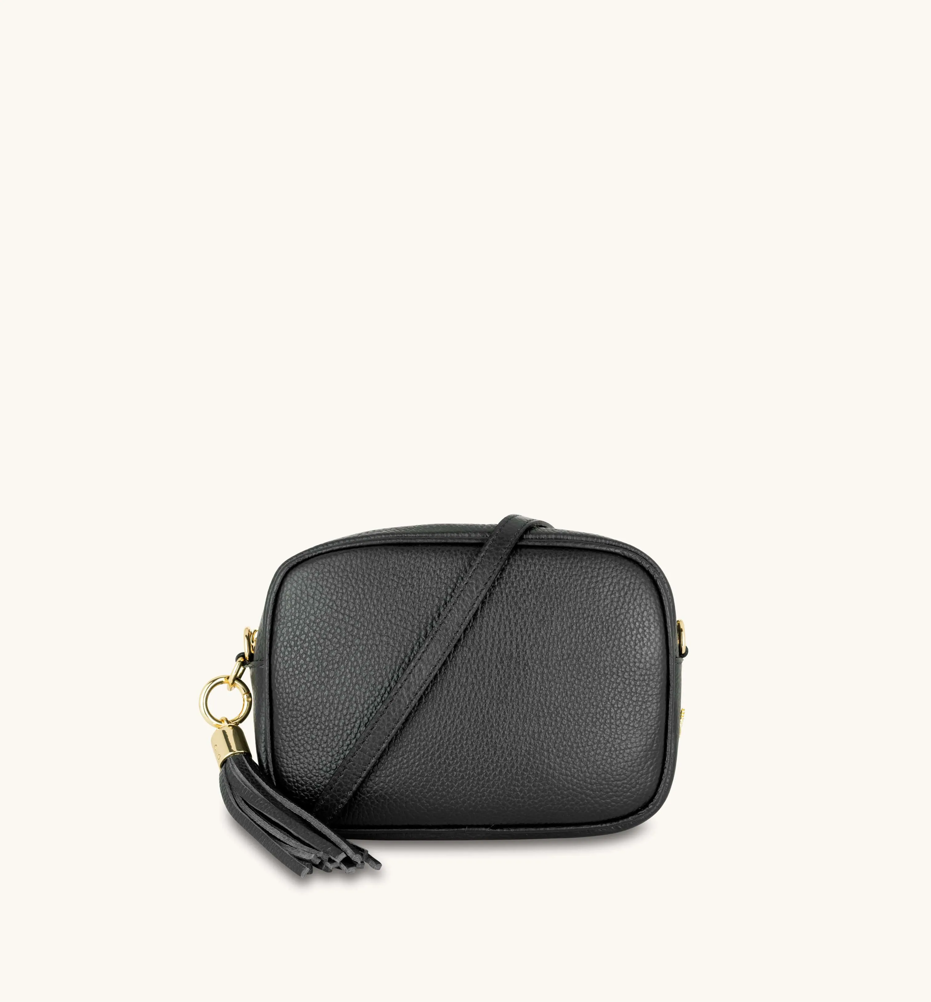 The Tassel Black Leather Crossbody Bag With Cappuccino Dots Strap