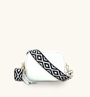 The Tassel White Leather Crossbody Bag With Black & Red Aztec Strap