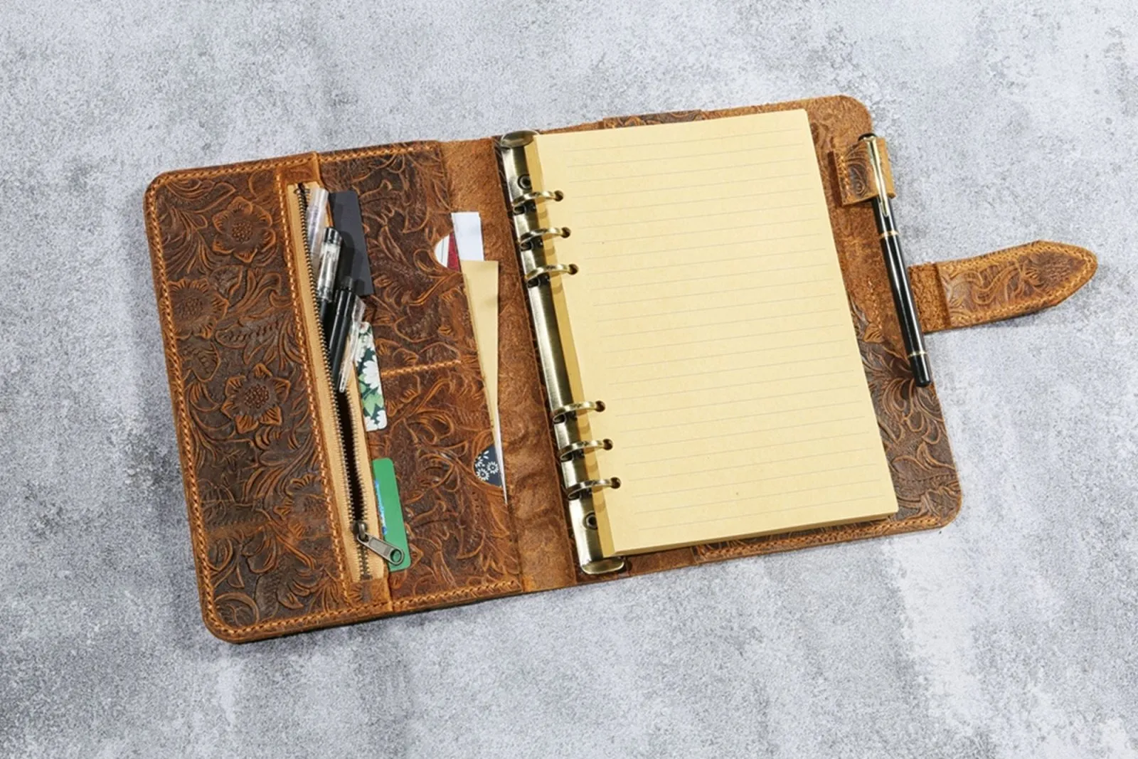 Tooled leather A5 6 ring binder planner , real leather refillable journal