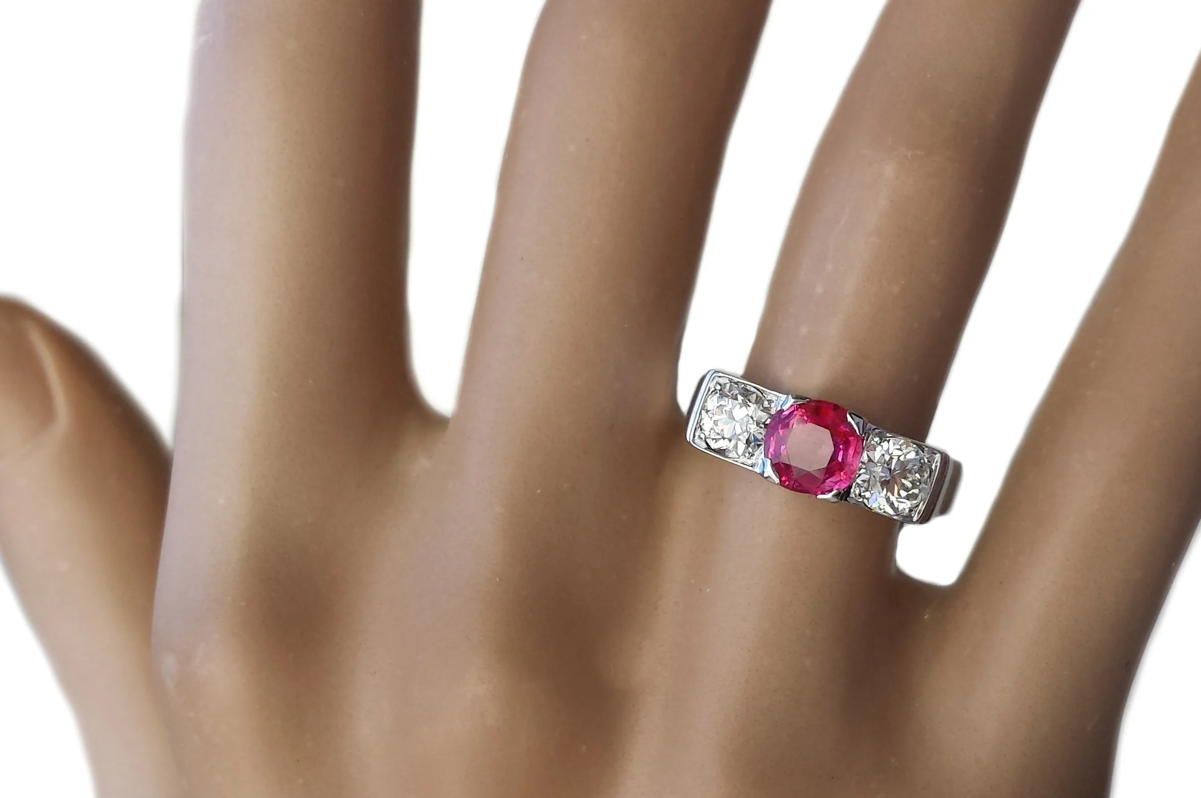 Vintage 1.62tcw Burmese Ruby & Old European Cut Diamond Engagement Ring