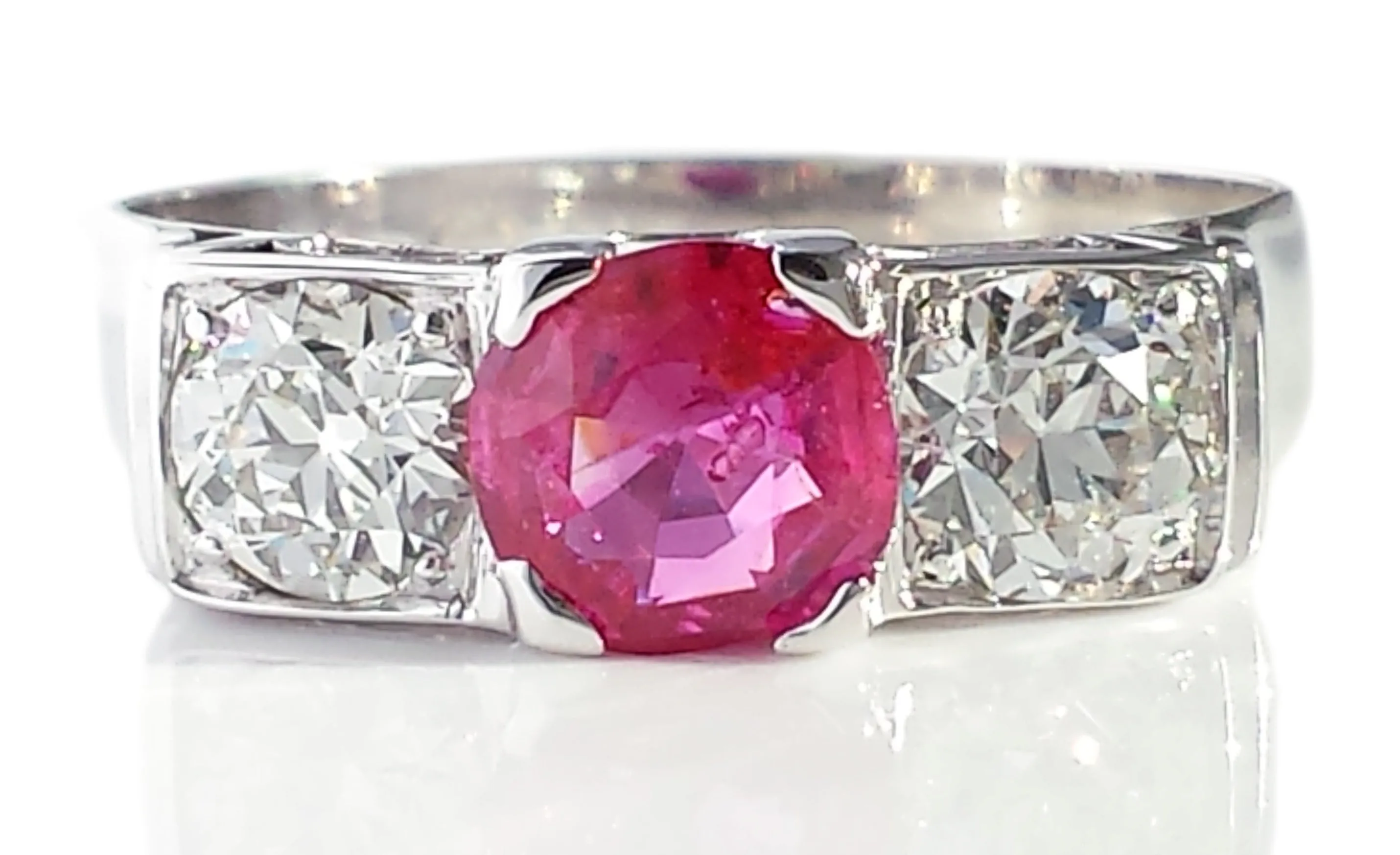 Vintage 1.62tcw Burmese Ruby & Old European Cut Diamond Engagement Ring