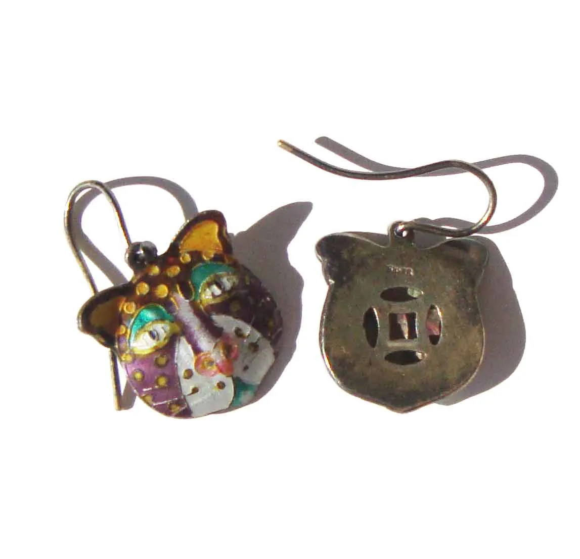 Vintage 70s Laurel Burch Leopard Cheetah Cat Earrings Sterling Silver Cloisonne Drops