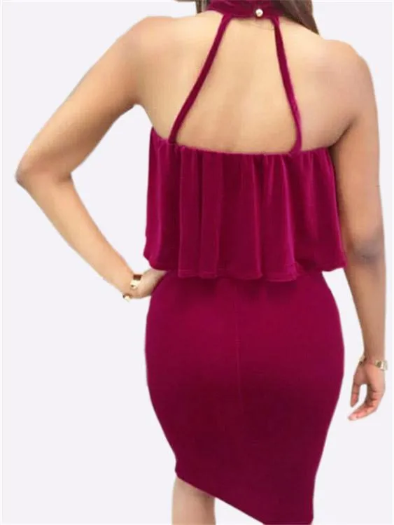 Wholesale Bateau Plain Backless Sleeveless Burgundy Mini Dress