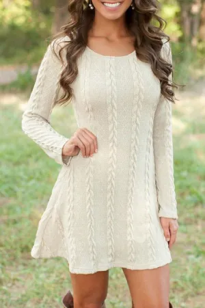 Wholesale Beige Round Neck Long Sleeve Plain Mini Dress