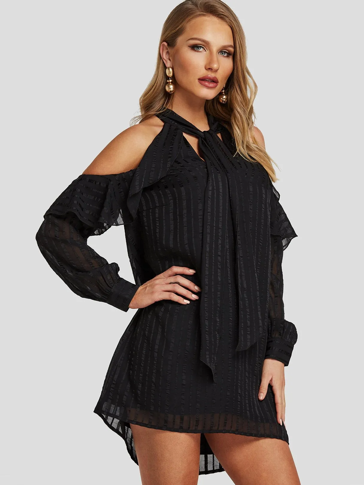 Wholesale Black Cold Shoulder Long Sleeve Tiered Self-Tie Mini Dresses