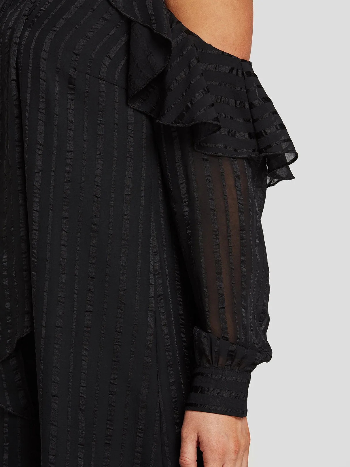 Wholesale Black Cold Shoulder Long Sleeve Tiered Self-Tie Mini Dresses