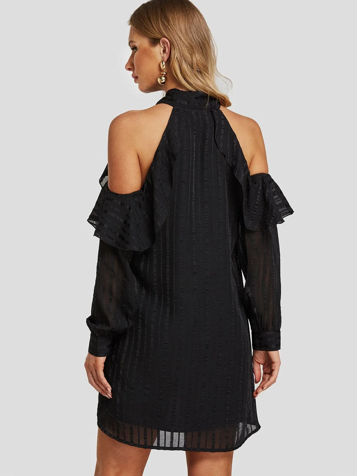 Wholesale Black Cold Shoulder Long Sleeve Tiered Self-Tie Mini Dresses