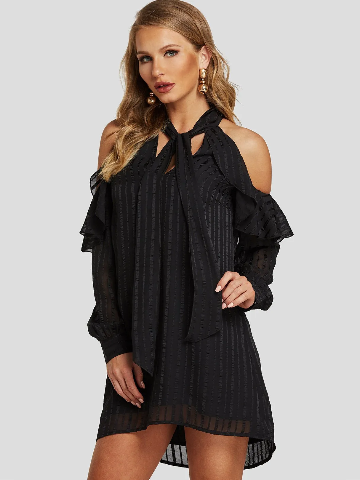 Wholesale Black Cold Shoulder Long Sleeve Tiered Self-Tie Mini Dresses
