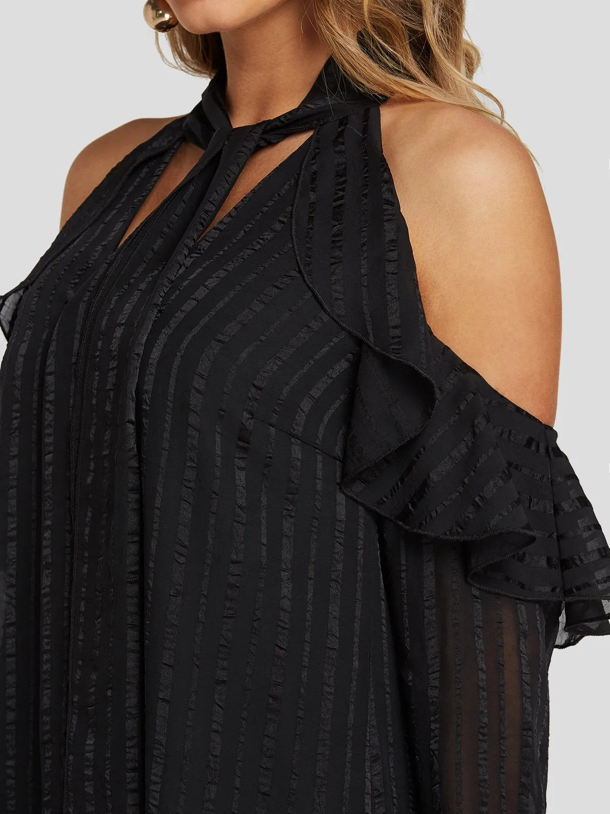 Wholesale Black Cold Shoulder Long Sleeve Tiered Self-Tie Mini Dresses