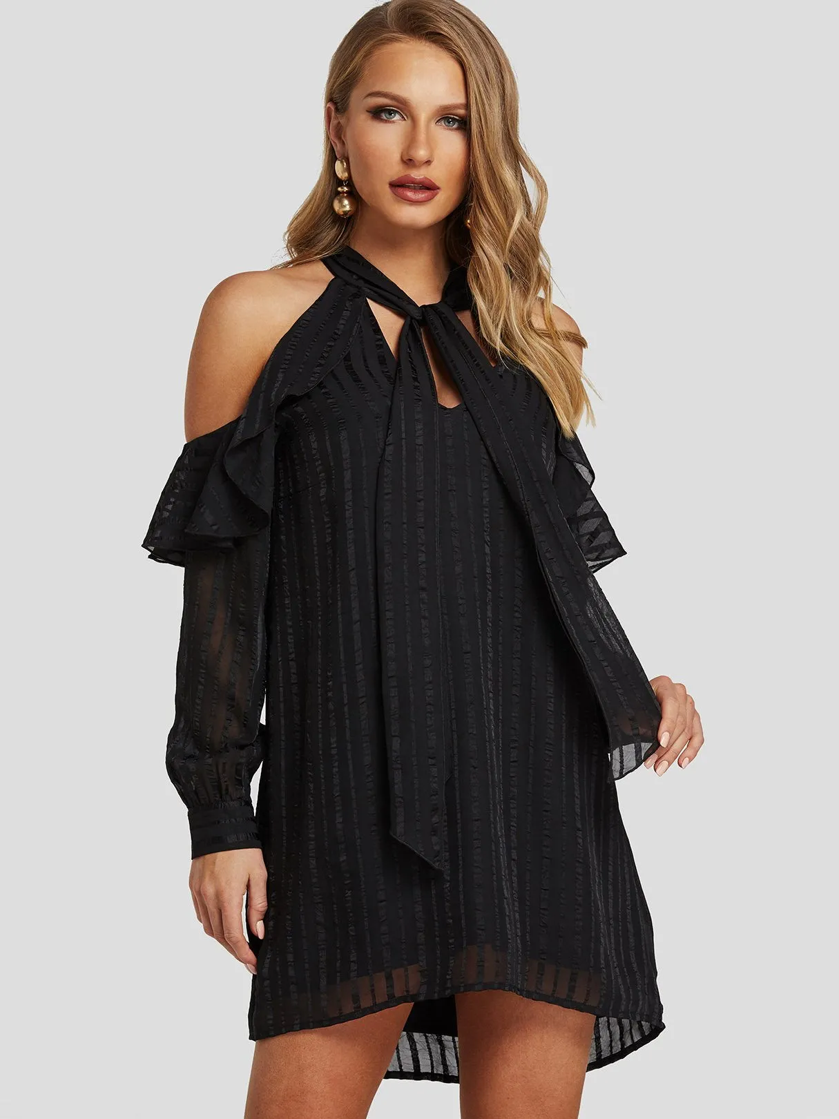 Wholesale Black Cold Shoulder Long Sleeve Tiered Self-Tie Mini Dresses