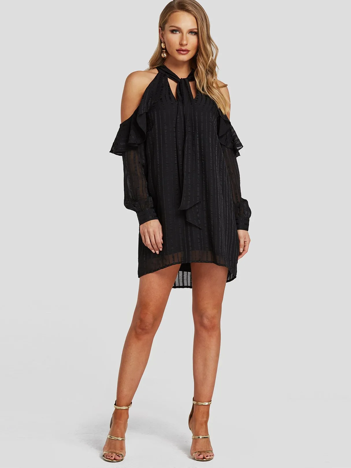 Wholesale Black Cold Shoulder Long Sleeve Tiered Self-Tie Mini Dresses