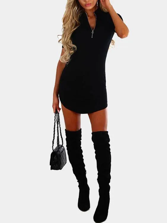 Wholesale Black Round Neck Short Sleeve Plain Zip Back Curved Hem Mini Dresses