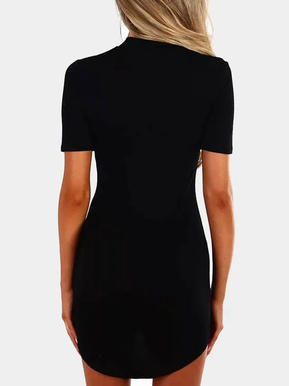 Wholesale Black Round Neck Short Sleeve Plain Zip Back Curved Hem Mini Dresses